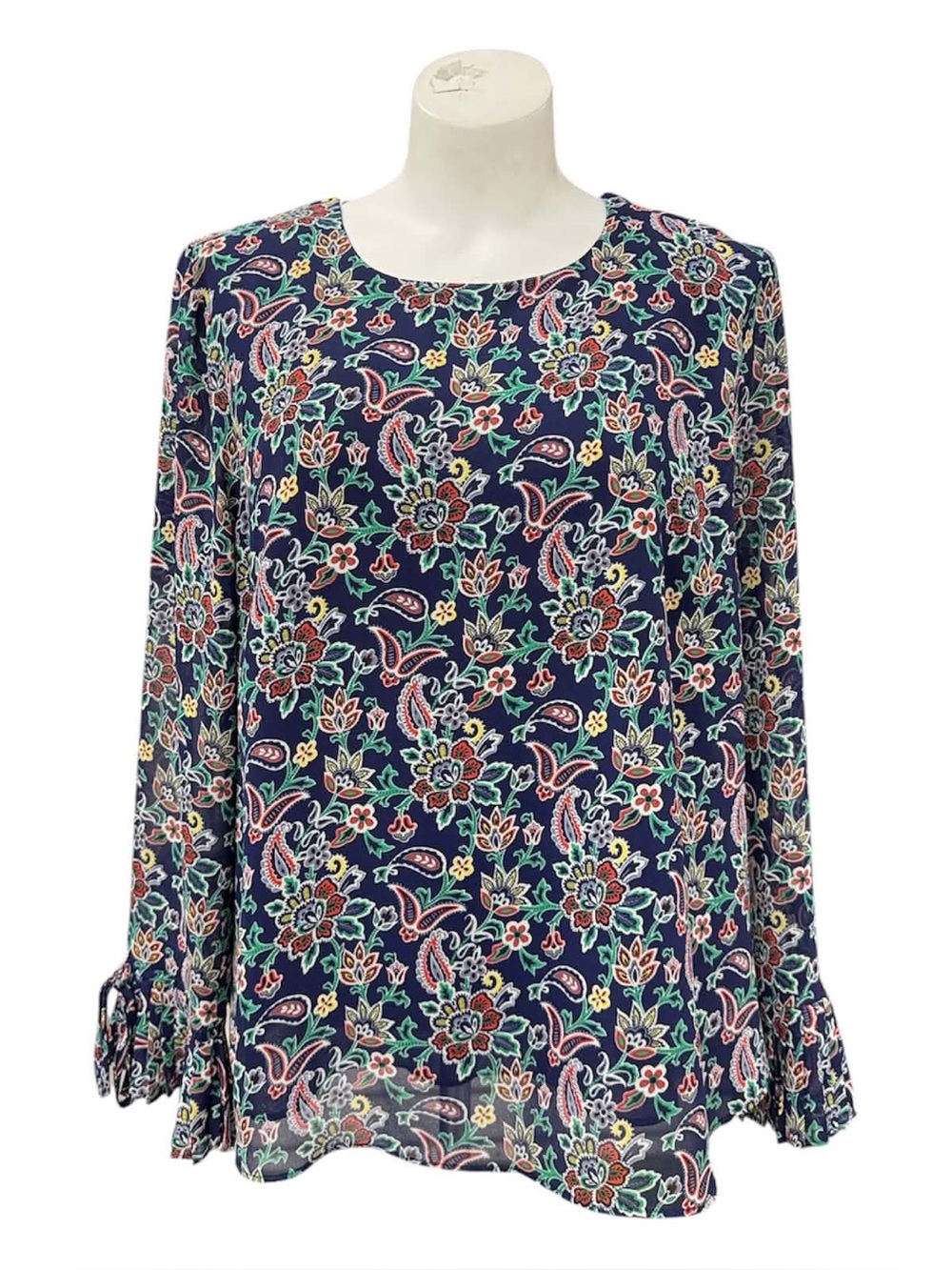 Rose & Olive Navy Floral Paisley Long-Sleeve Blouse Size L
